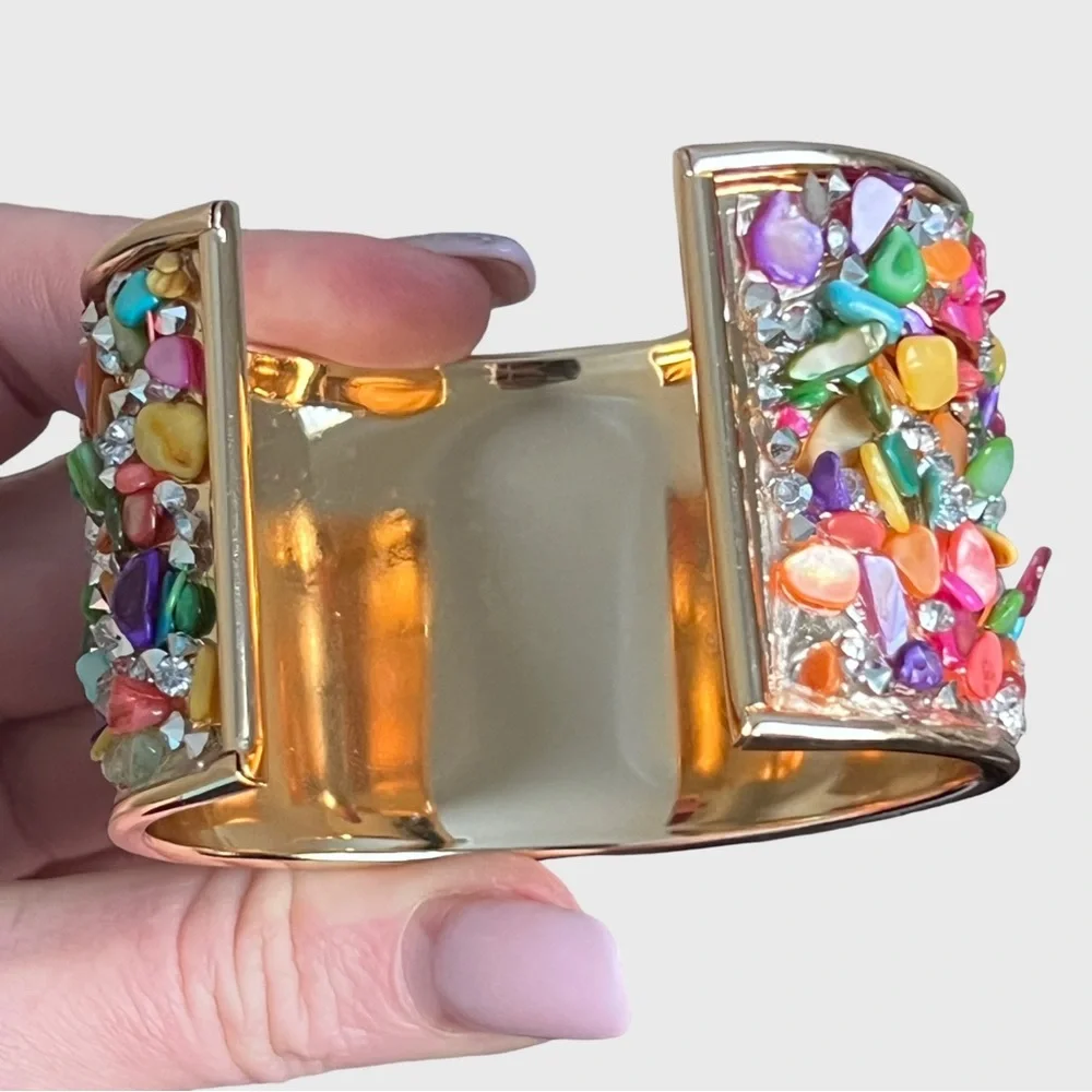 Multicolor Stone Embellished Gold Cuff Bracelet - Picture 8 of 10